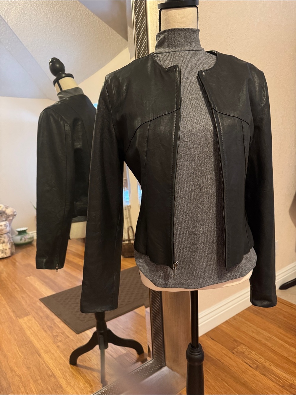 GAP Black Genuine Leather Collarless Zip Jacket